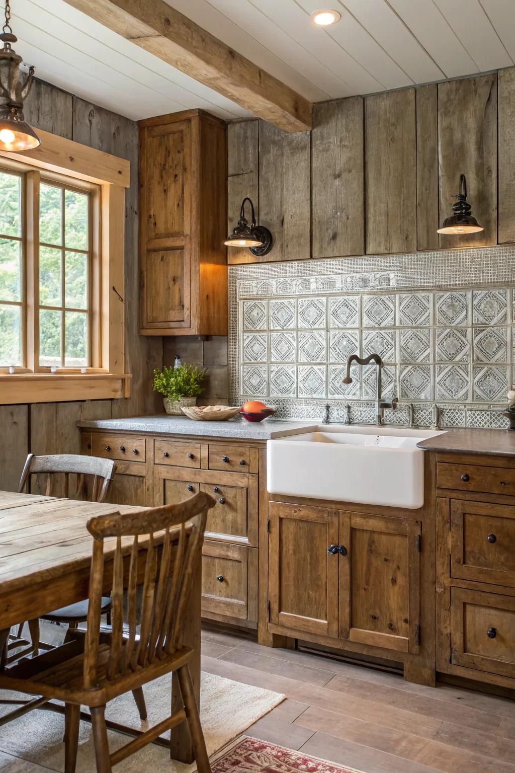 A farmhouse cooking area featuring a vintage tin tile backsplash.