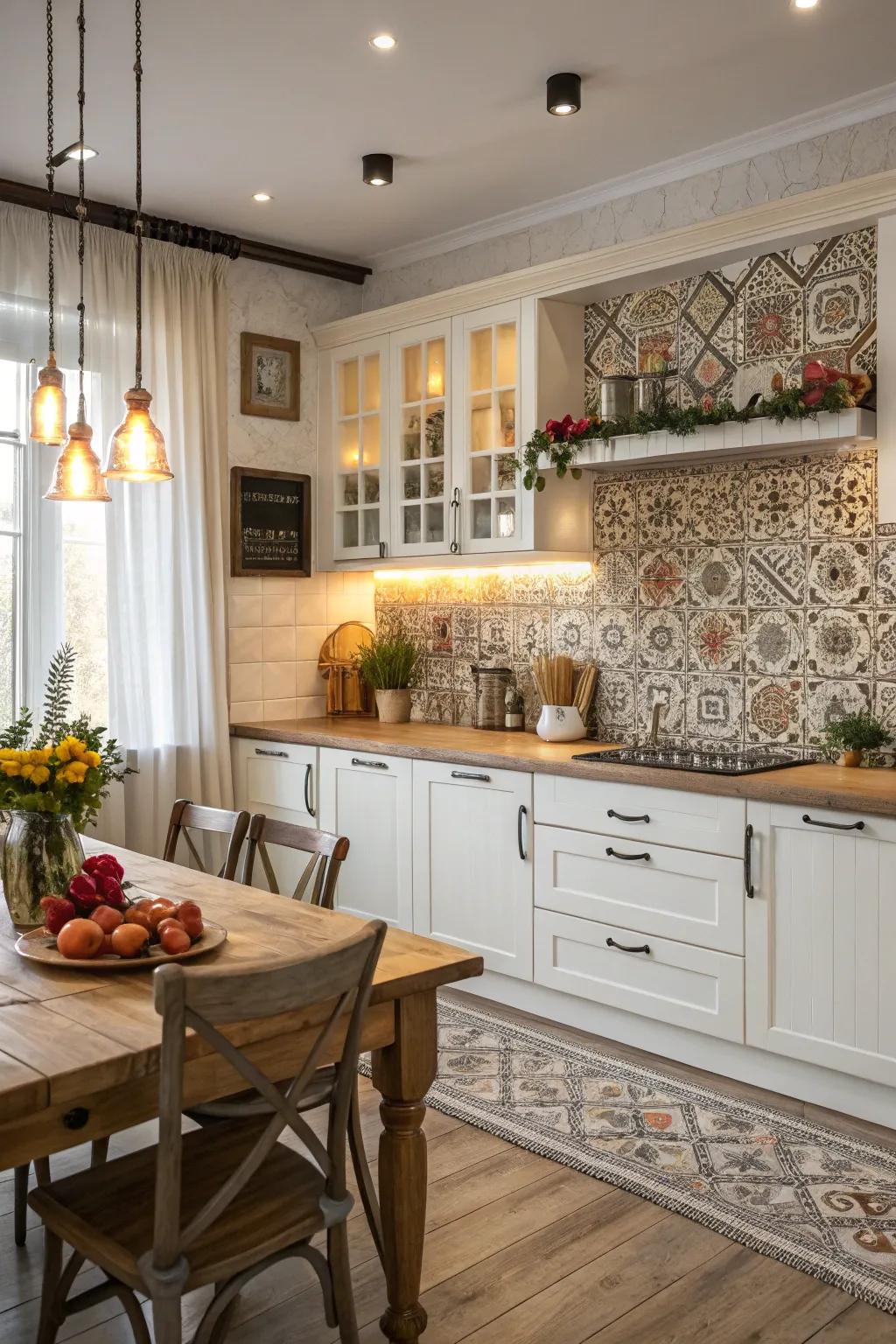 Patterned tiles contribute an energetic touch to this farmhouse kitchen featuring ivory cabinets.