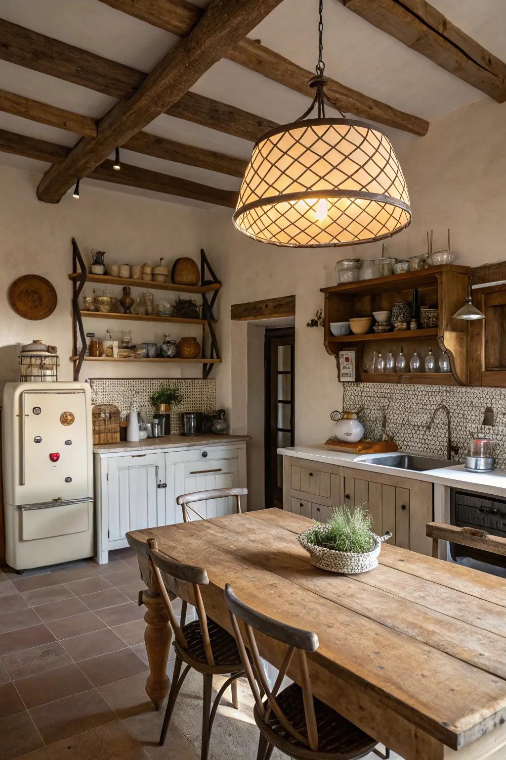 An eye-catching hanging light illuminating a cozy farmhouse kitchen.