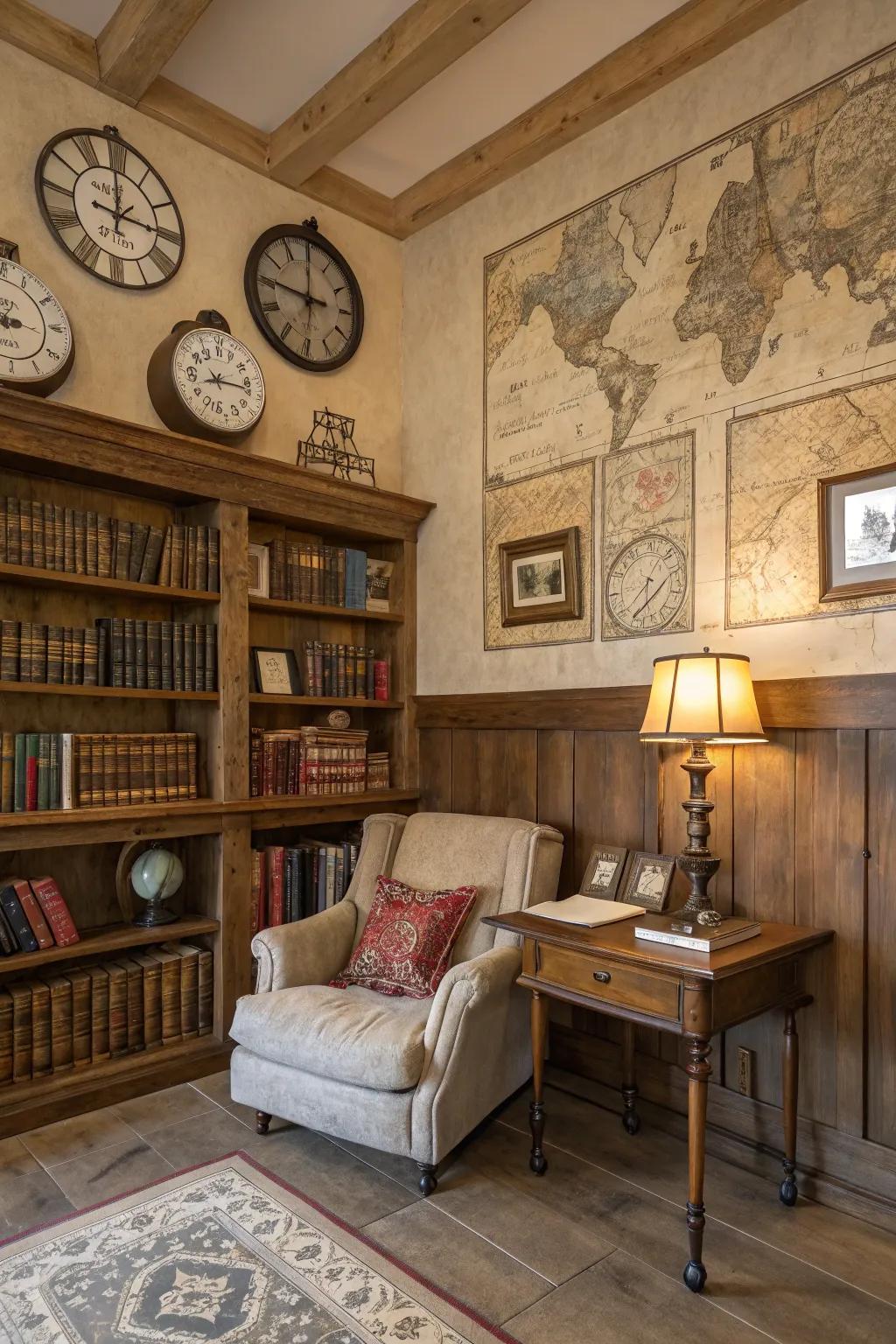 Traditional design elements such as historical clocks bring a sense of the past to the library.