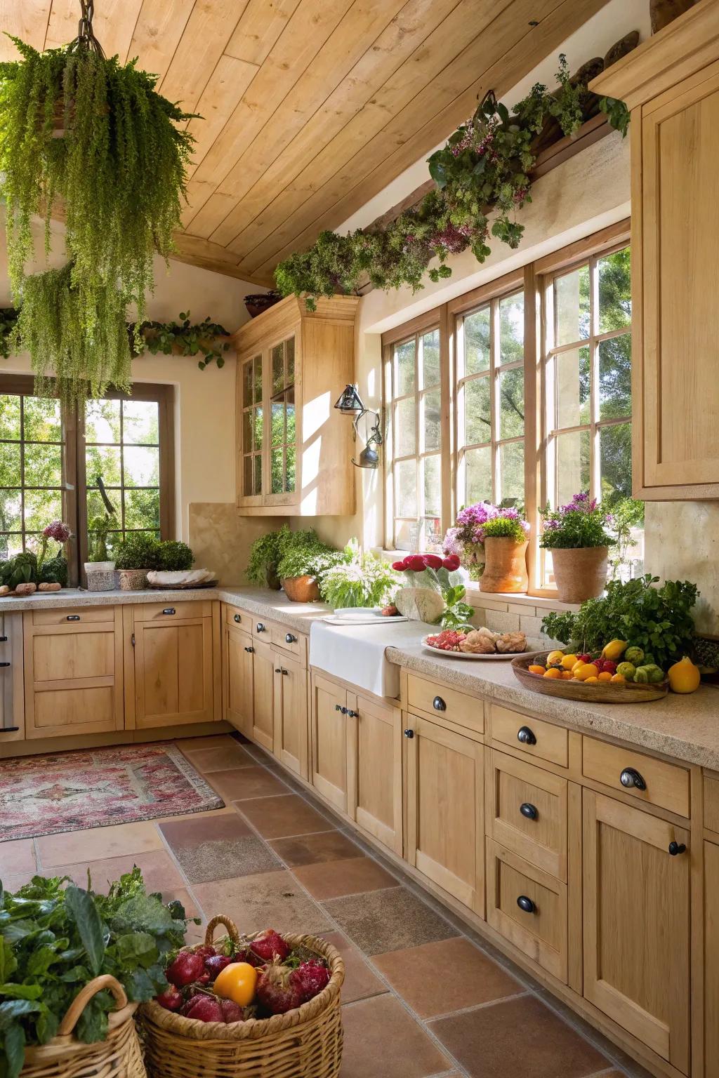 Vegetation contributes a natural element to a cooking space featuring pale timber cabinetry.