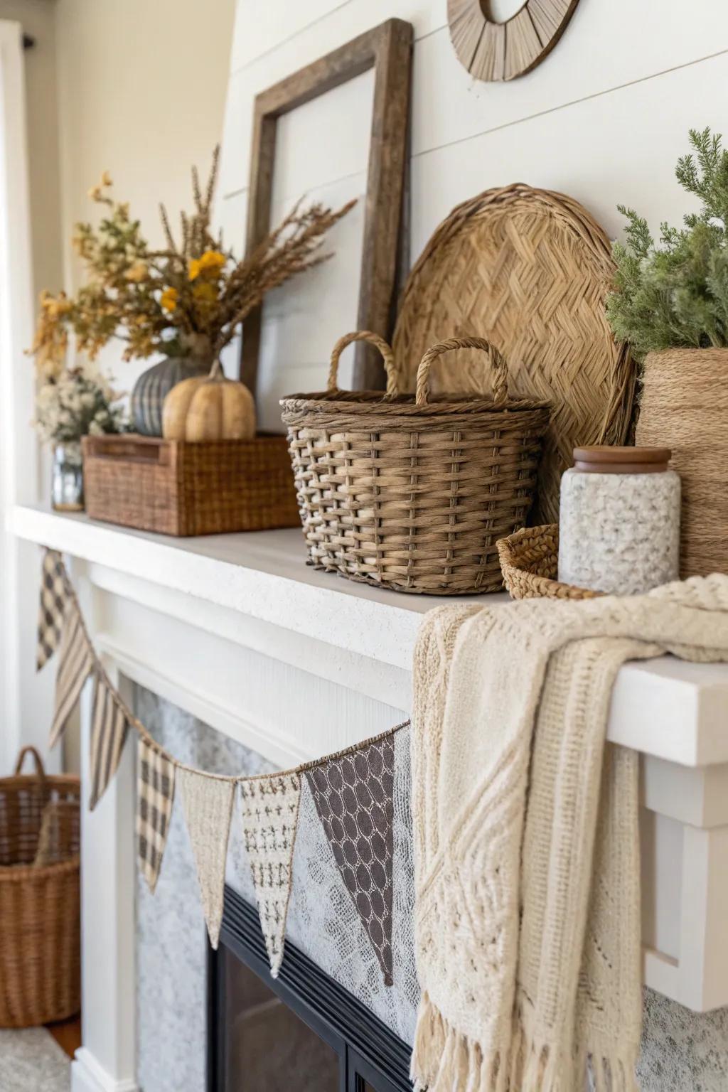 Layered textures create dimension and intrigue on the mantel.