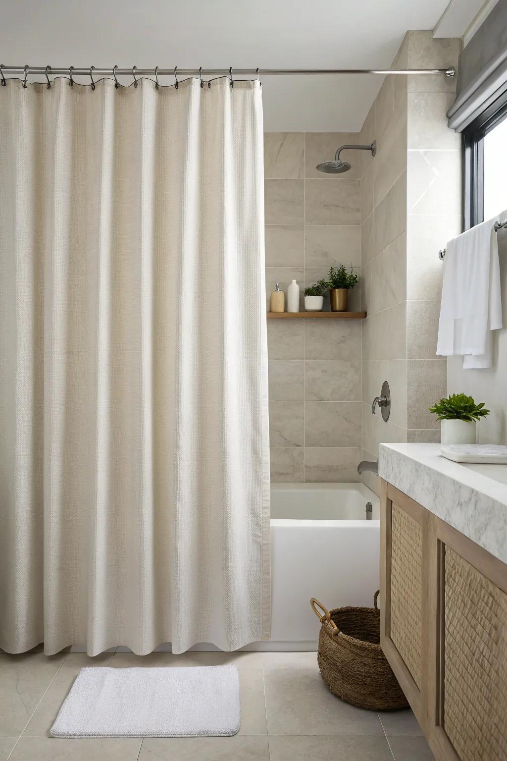 A minimalistic bathroom with a simple and chic drape design.