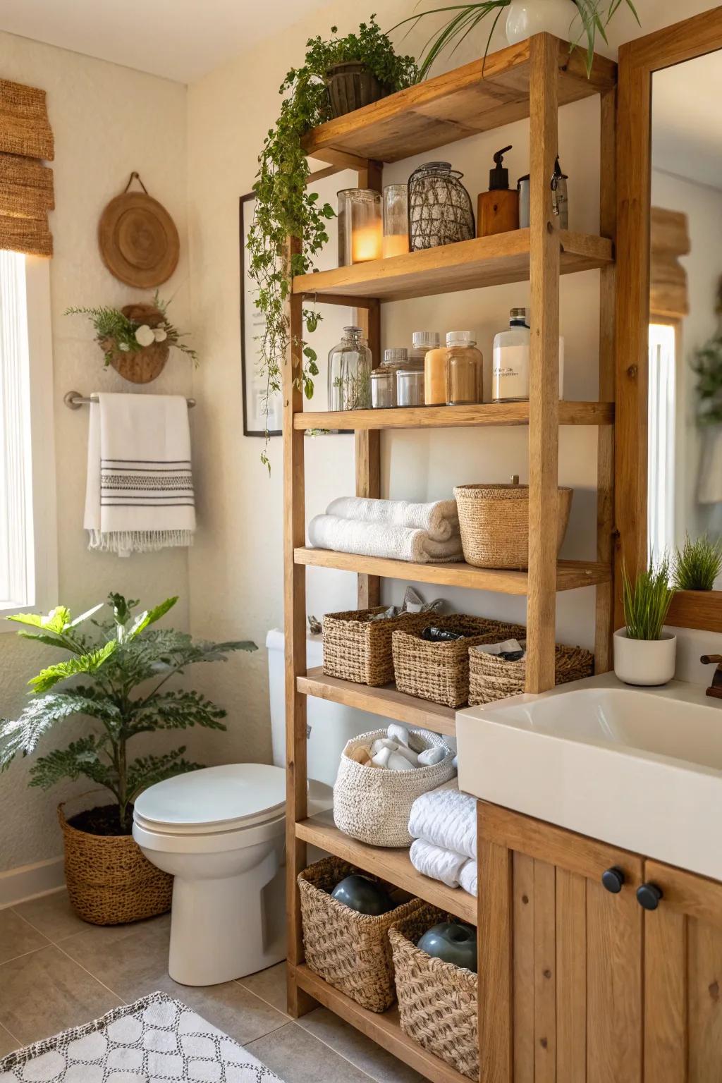 Open wood shelving offers elegant storage in this farmhouse bathroom.