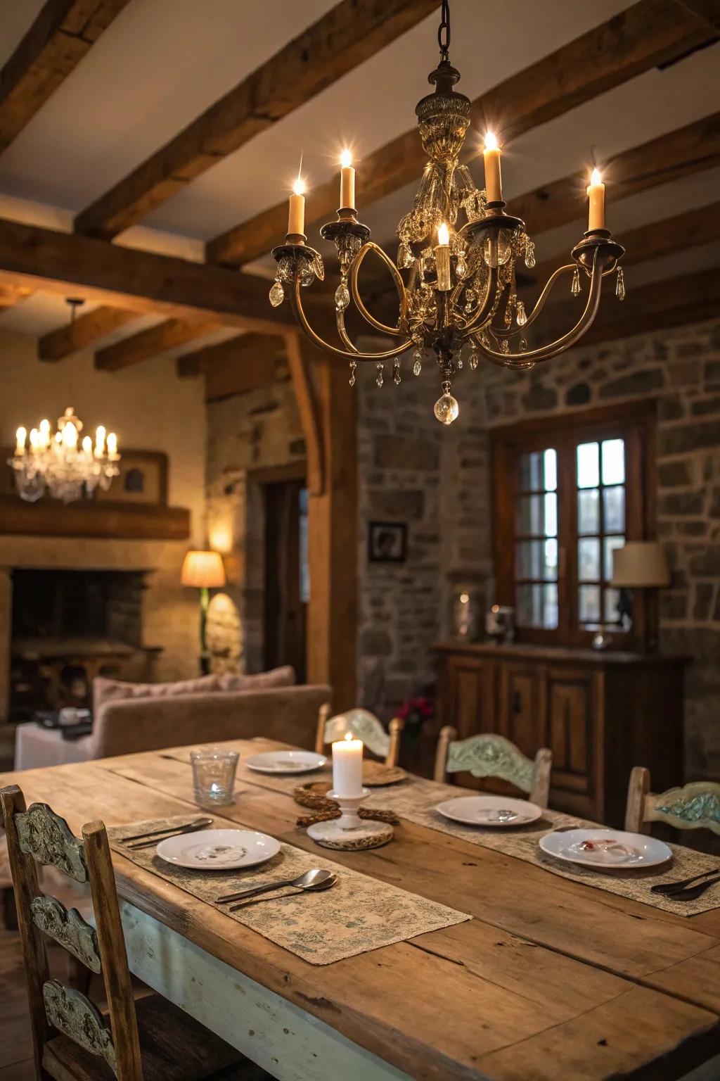 Charming lighting is key to farmhouse elegance.