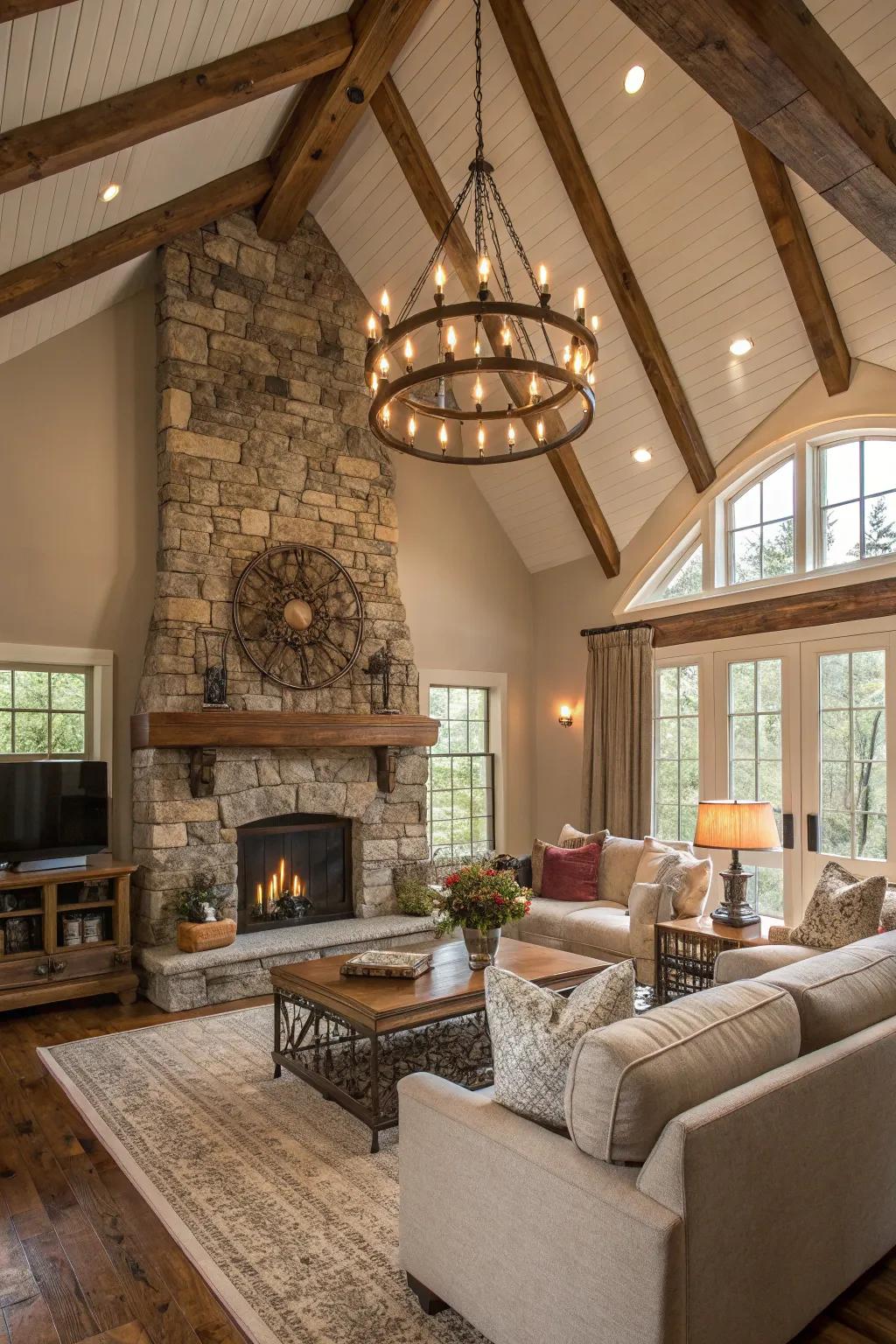 A farmhouse style lighting fixture hanging in a farmhouse living space.