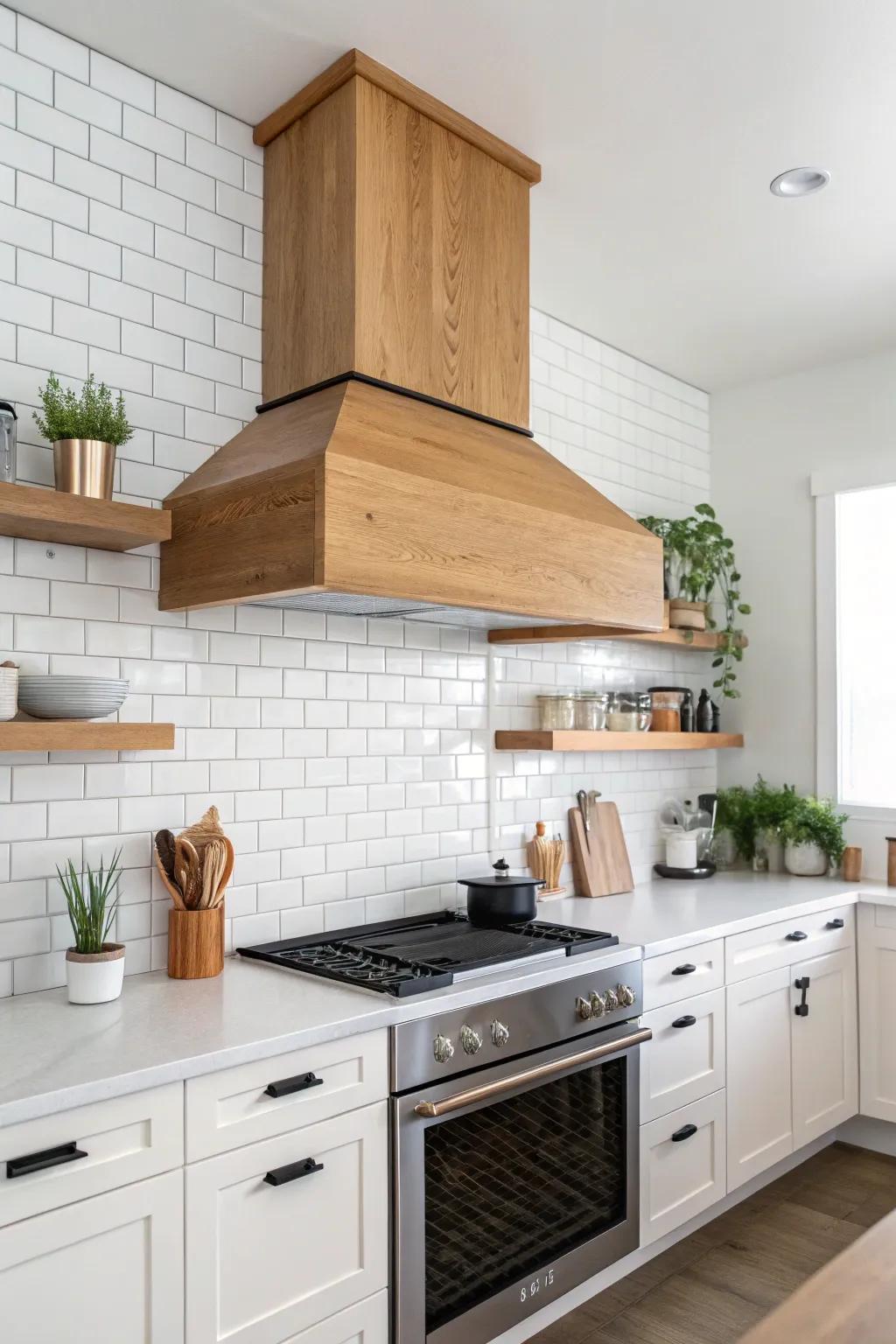 A square range hood integrates effortlessly into a minimalistic countryside kitchen.