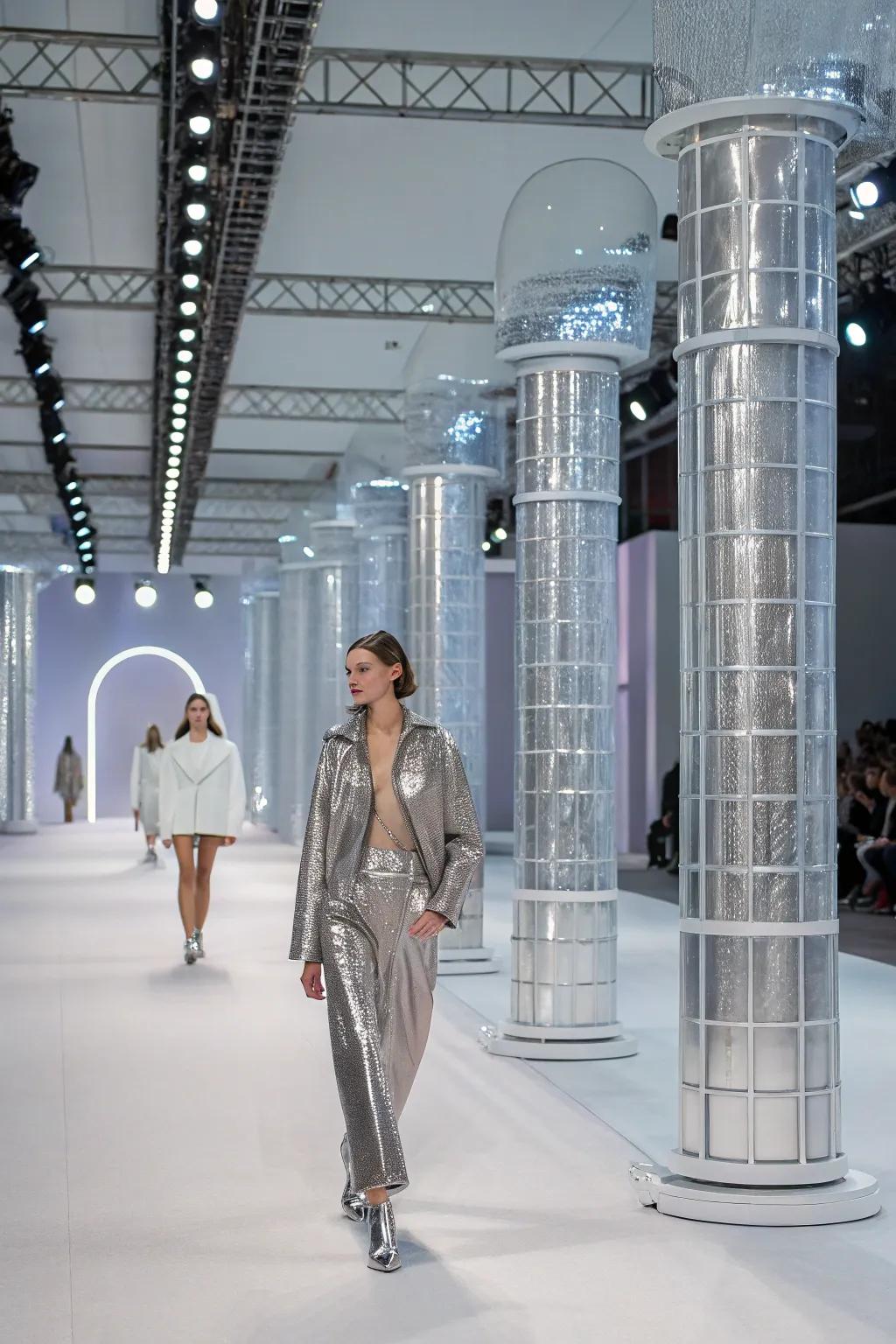 Streamlined metallic structures lend an advanced vibe to this fashion runway.