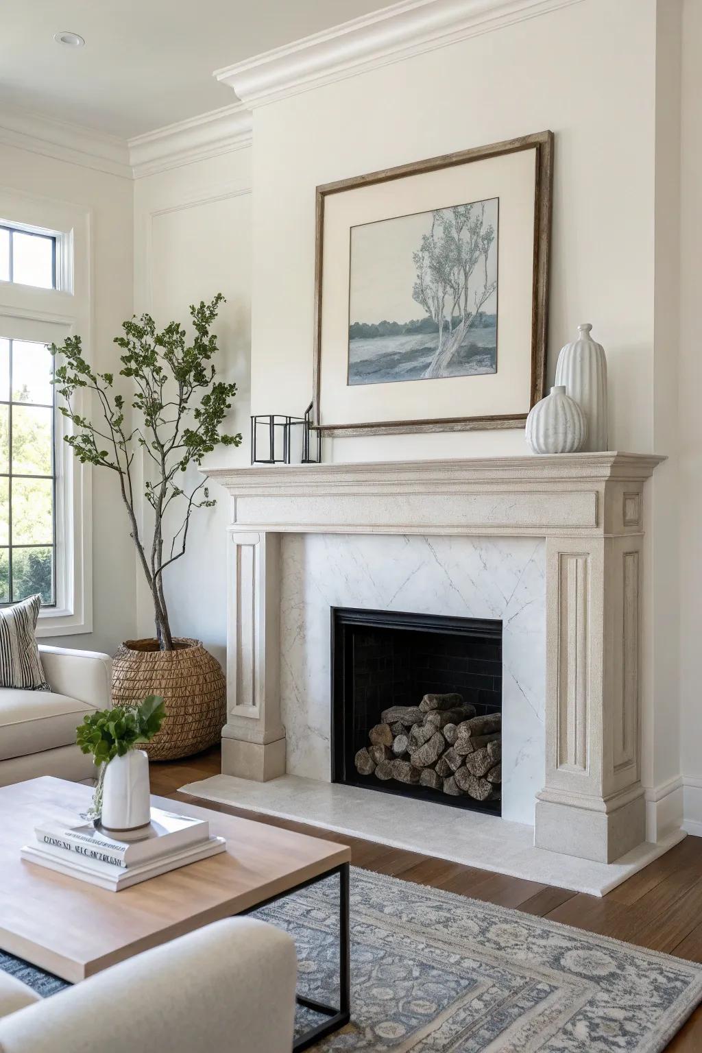An understated artificial fireplace surroundings demonstrating understated elegance.