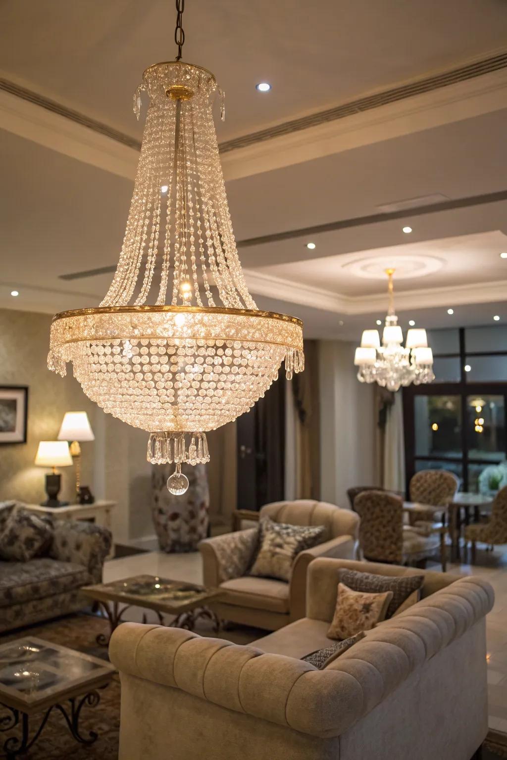 A living area illuminated by a stunning crystal chandelier.