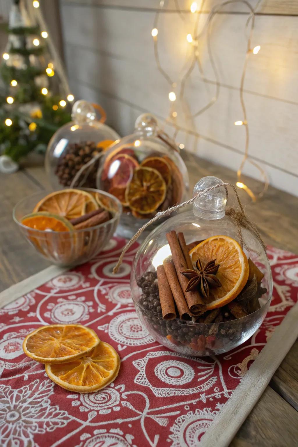 Ornaments showcasing spices for a seasonal scent.