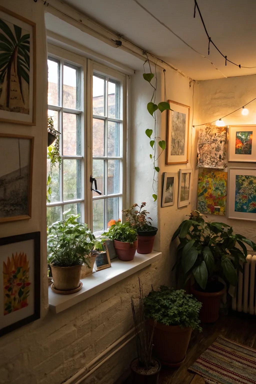 Artwork and greenery contribute individuality and warmth to the window setting.