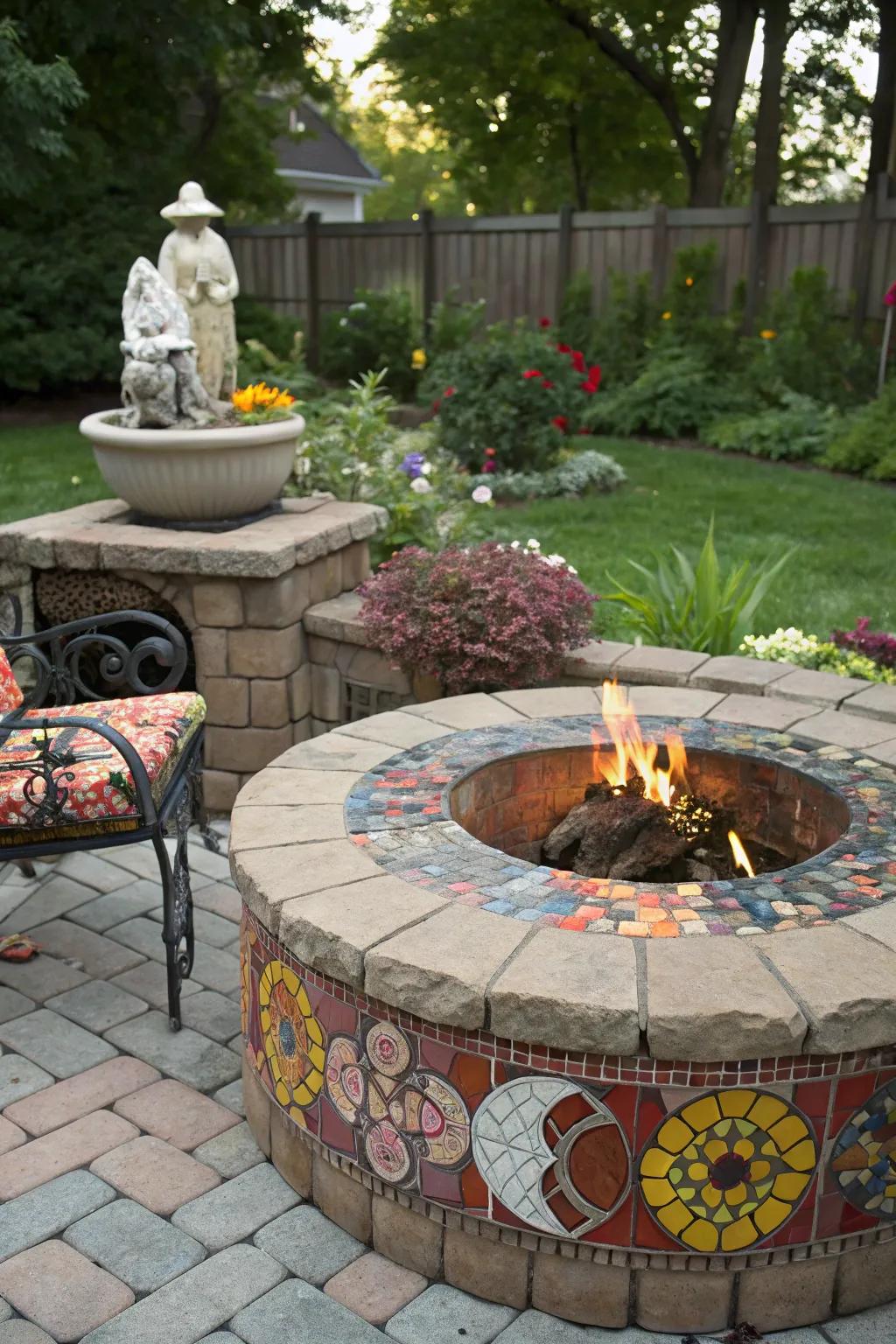 Mosaic tiles transform your fire pit into a piece of art.