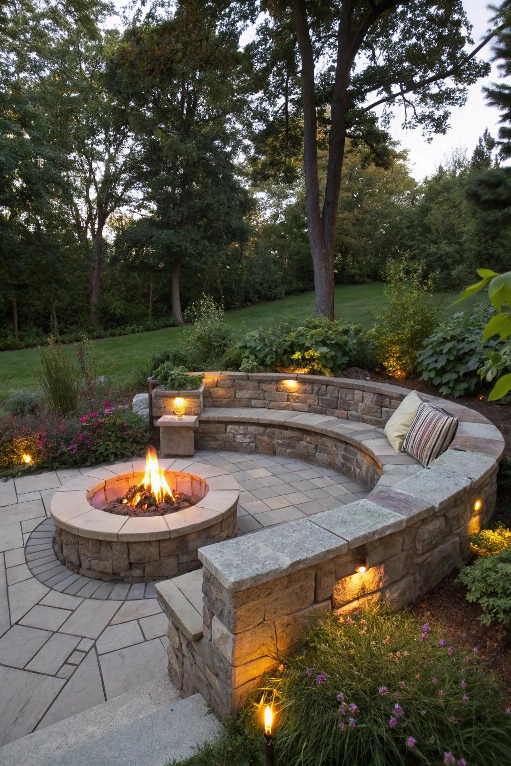 Built-in seating offers a streamlined and integrated fire pit design.