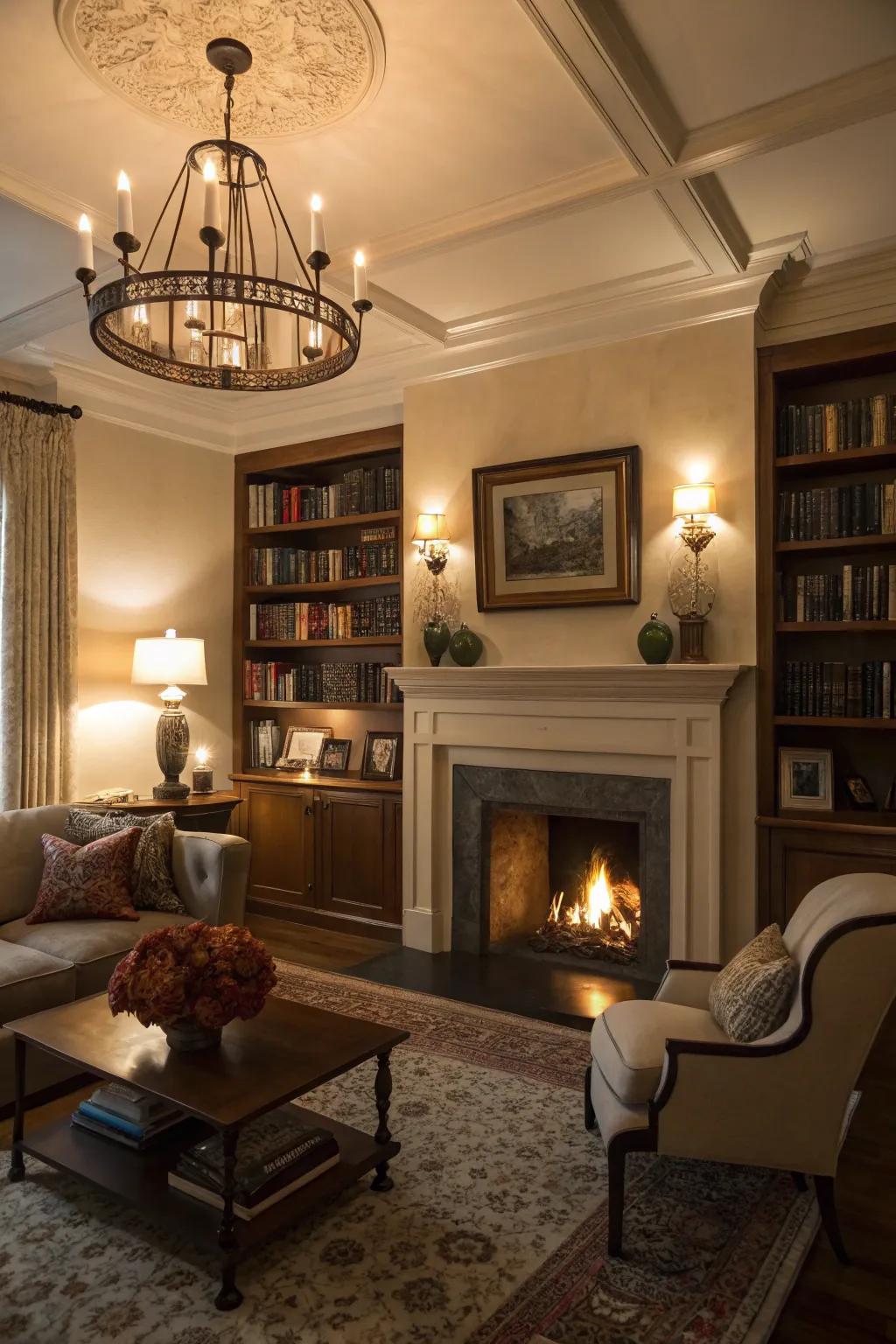 A living space featuring a fireplace alcove, exquisitely lit by a variety of lighting solutions.
