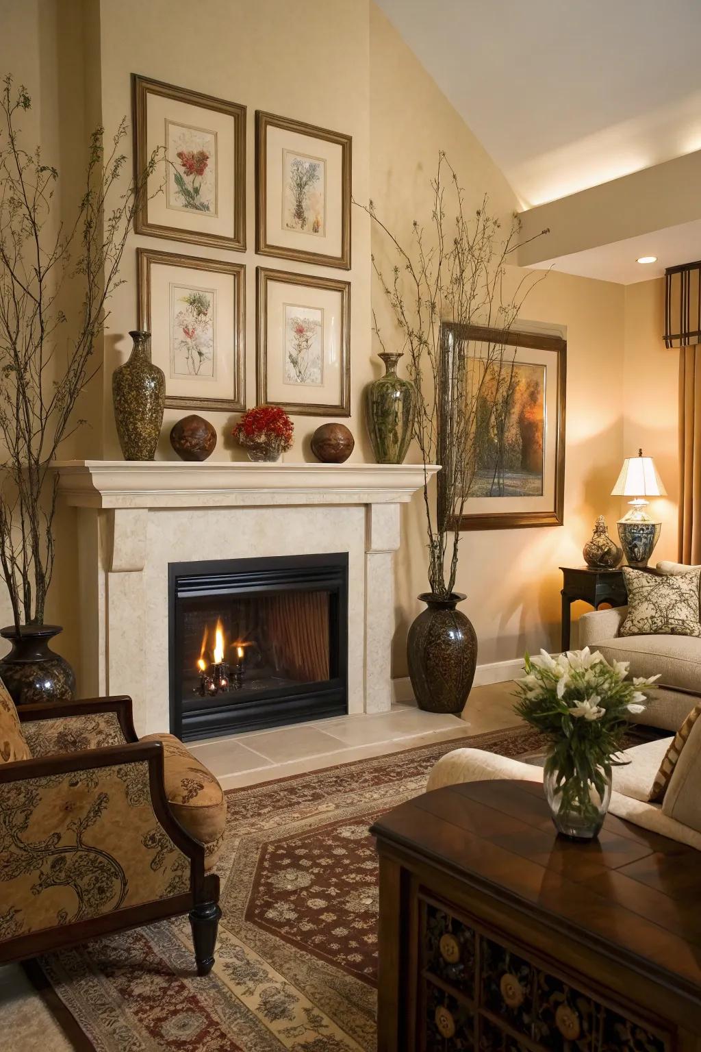 Decorative accents contribute personality and charm to the fireplace space.