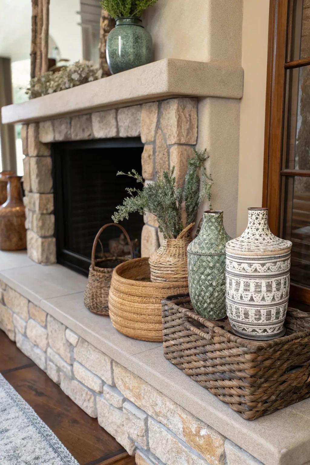 Textured baskets and containers enrich the hearth's depth and storage capacity.