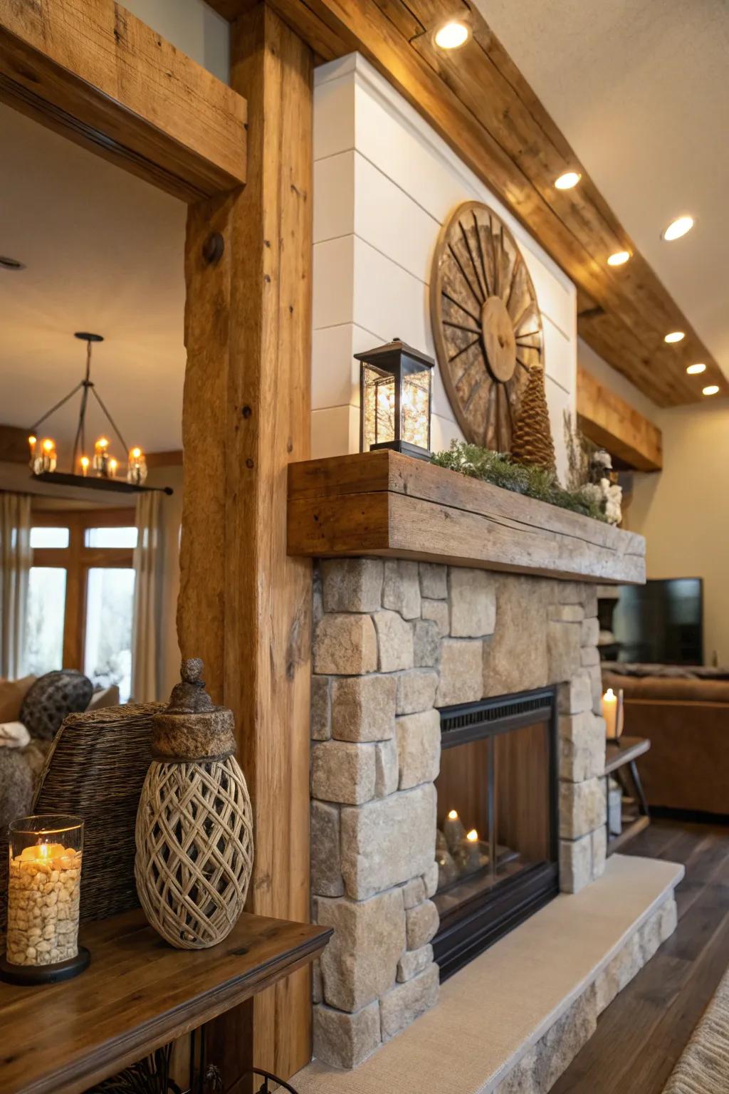 A rustic mantel enriched with charming wood accents.