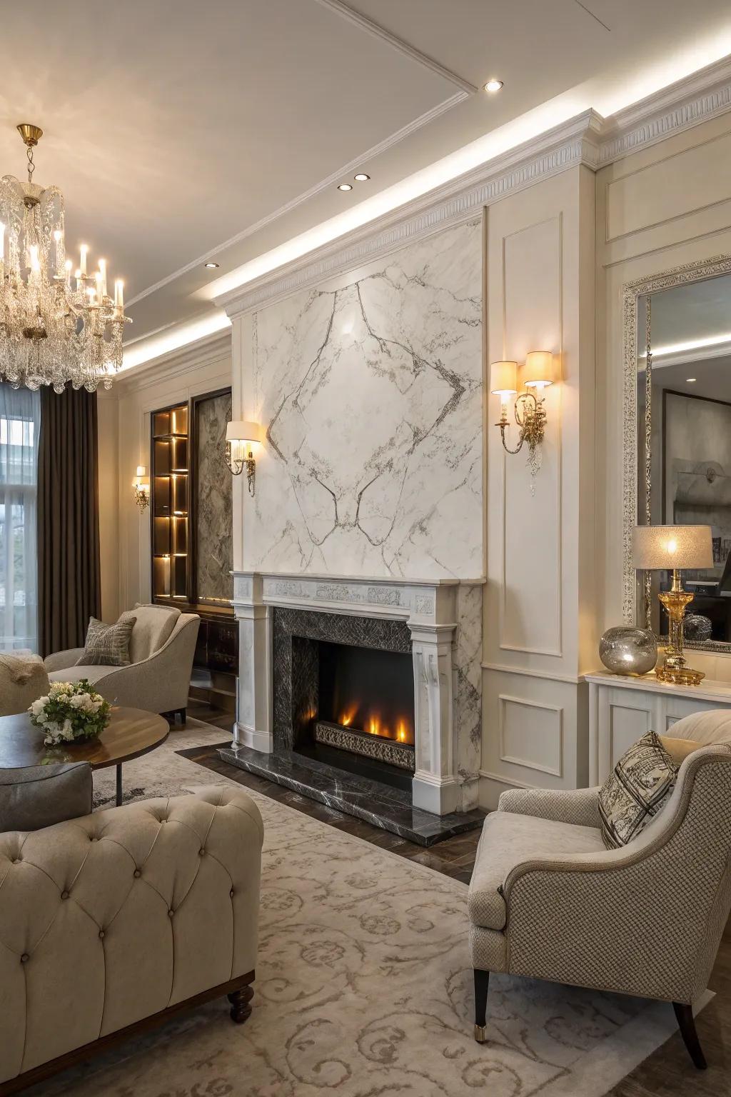 Marble sophistication at its finest with this spectacular fireplace structure.