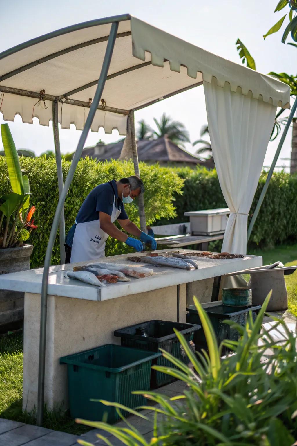 A weatherproof canopy ensuring a dry workspace.
