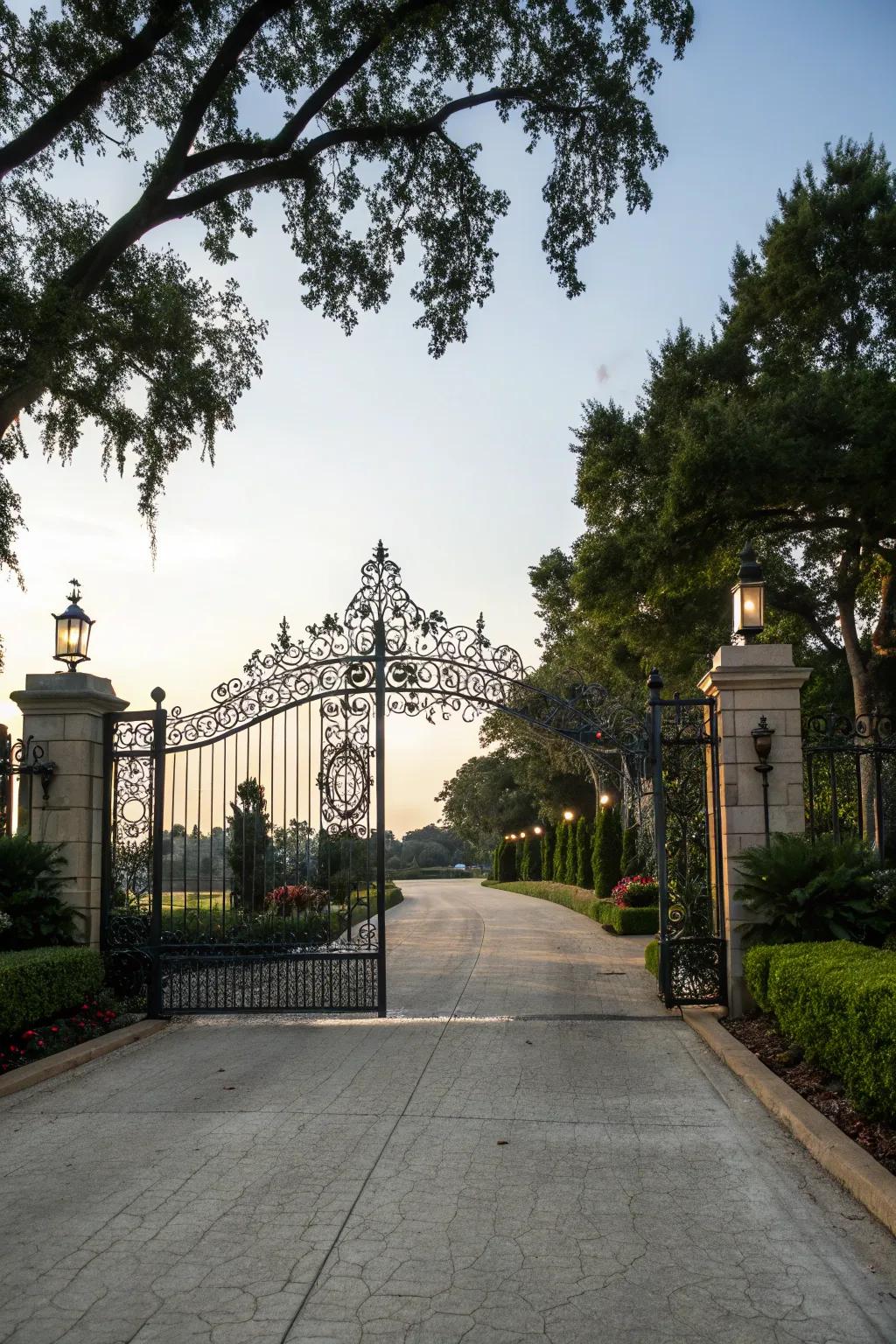 An impressive entry featuring a decorative metal gate enhancing the rear lot access road.