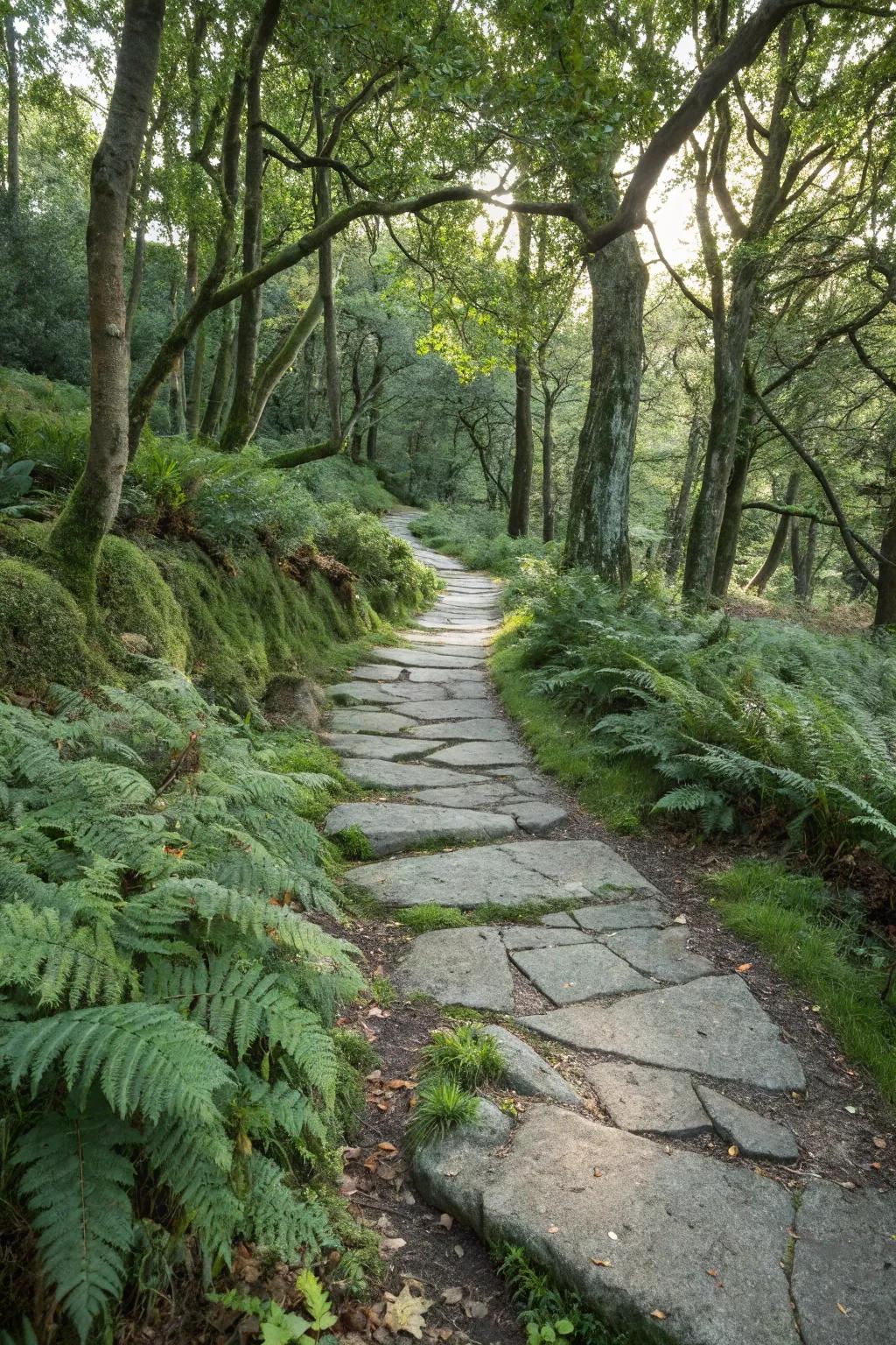 A rustic slate path amidst a serene woodland environment.