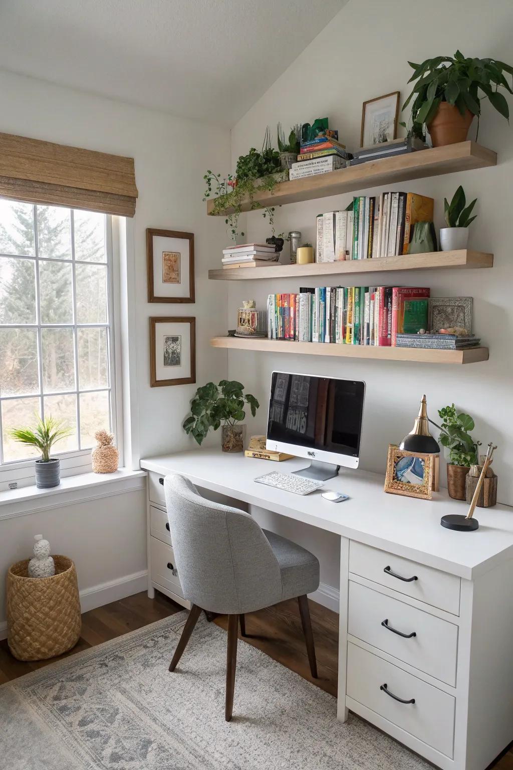 Decorative ledges maintain an organized and elegant office.