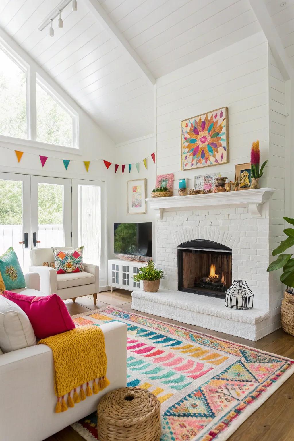 A bright and airy living space with a white floor-to-ceiling fireplace.