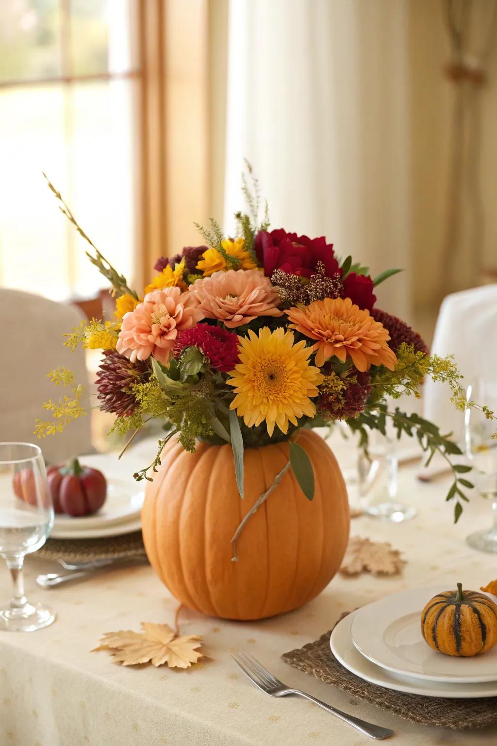 Autumn floral centerpiece inside a gourd vase, injecting a seasonal touch to the table.