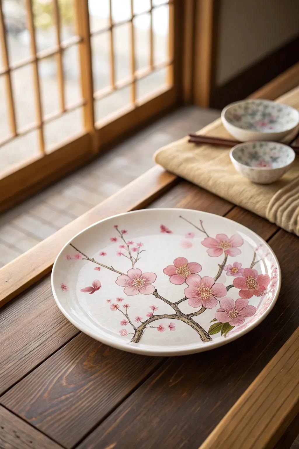 Flowering fruit trees contribute an element of subtle splendor to your tableware.