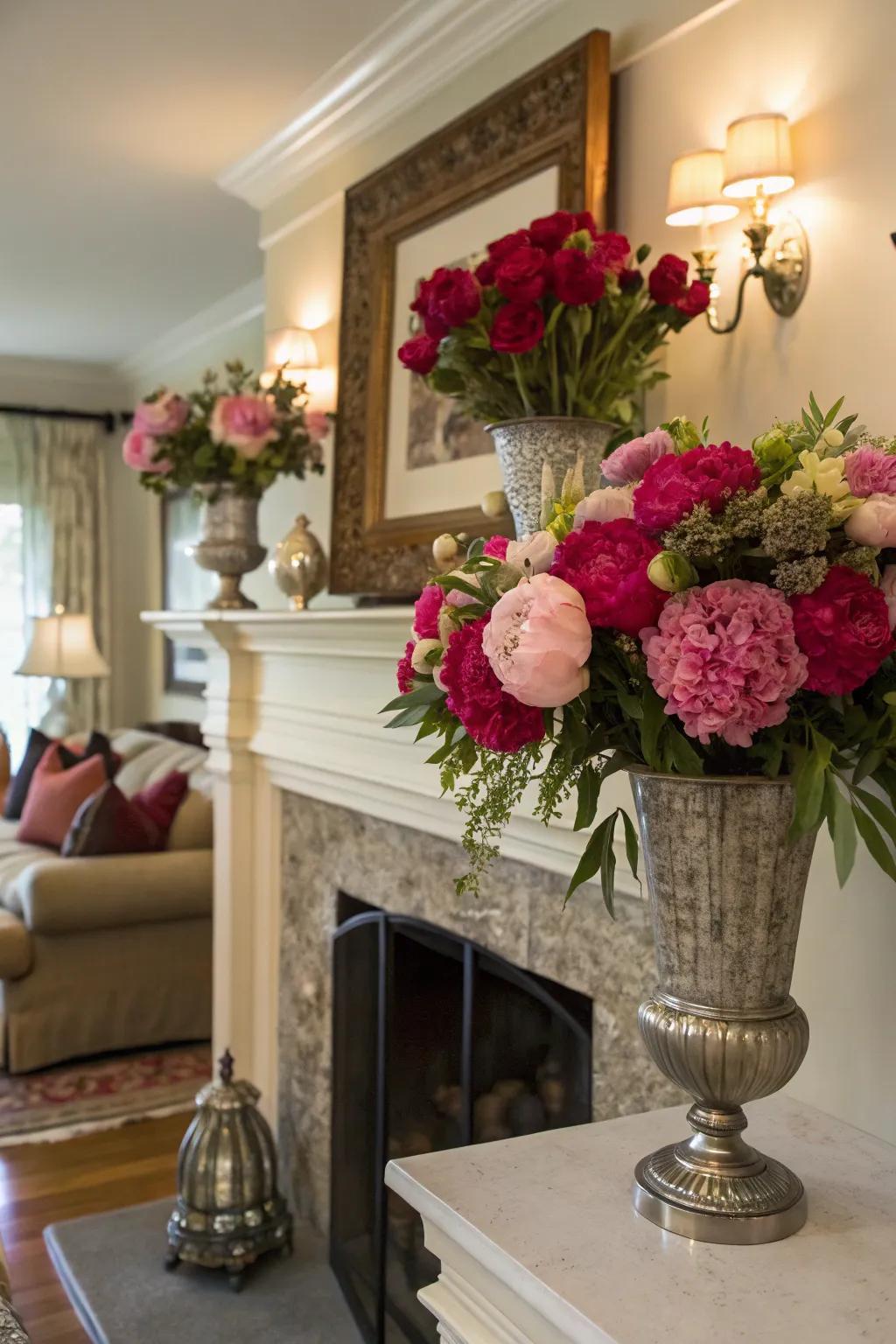 Seasonal flowers bring a fresh touch to your fireplace.