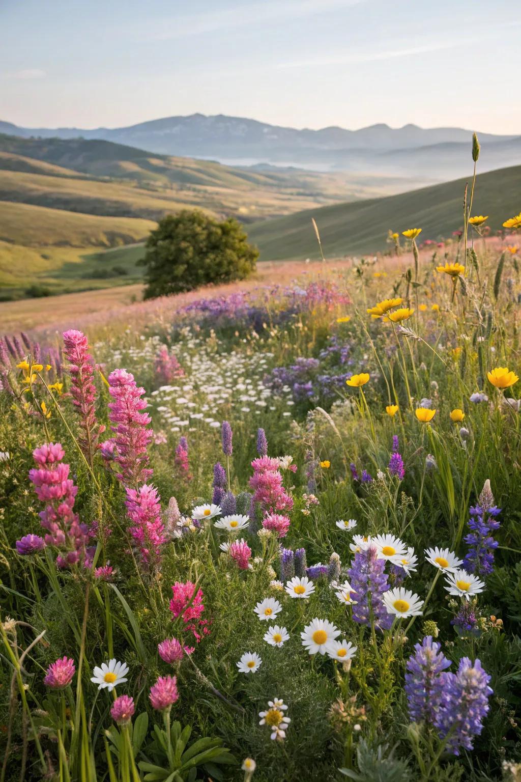A spontaneous wildflower meadow teeming with radiant blossoms.