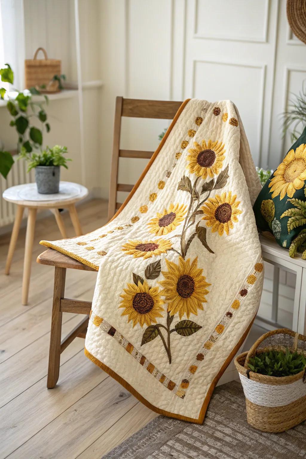 Bring a hint of sunshine into your area with the radiant energy of a solar beam bloom quilt design.