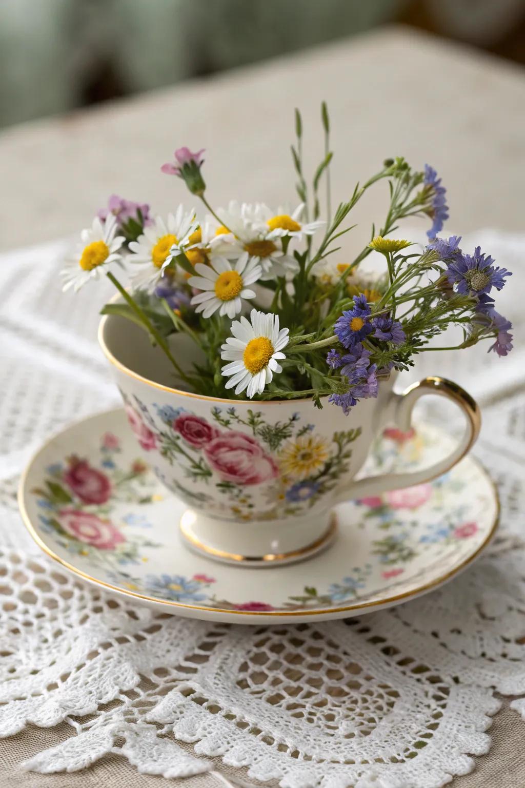 Vintage teacups: a charming method to showcase your cherished flowers.