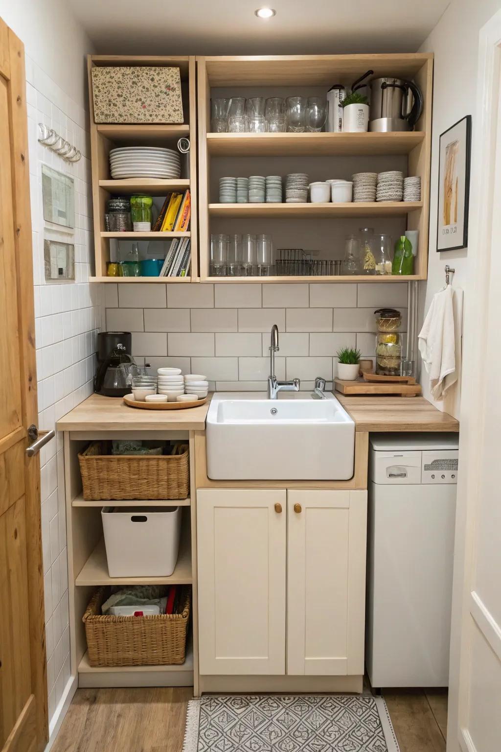 A small kitchen setup featuring a space-saving freestanding sink.