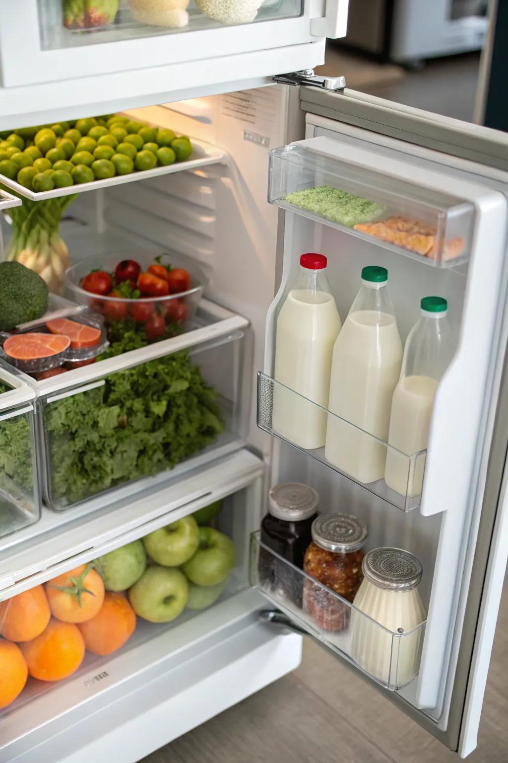 Categorized sections ensure efficient refrigerator management.