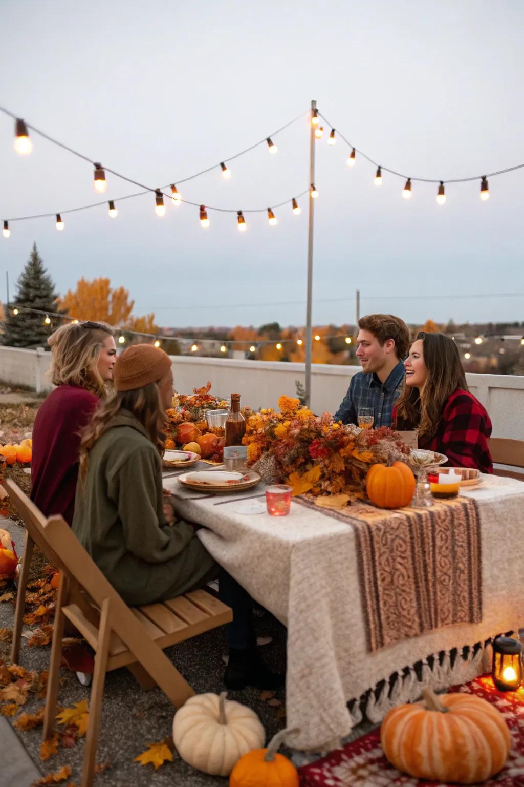 A magical outdoor Friendsgiving setting under twinkling lights.