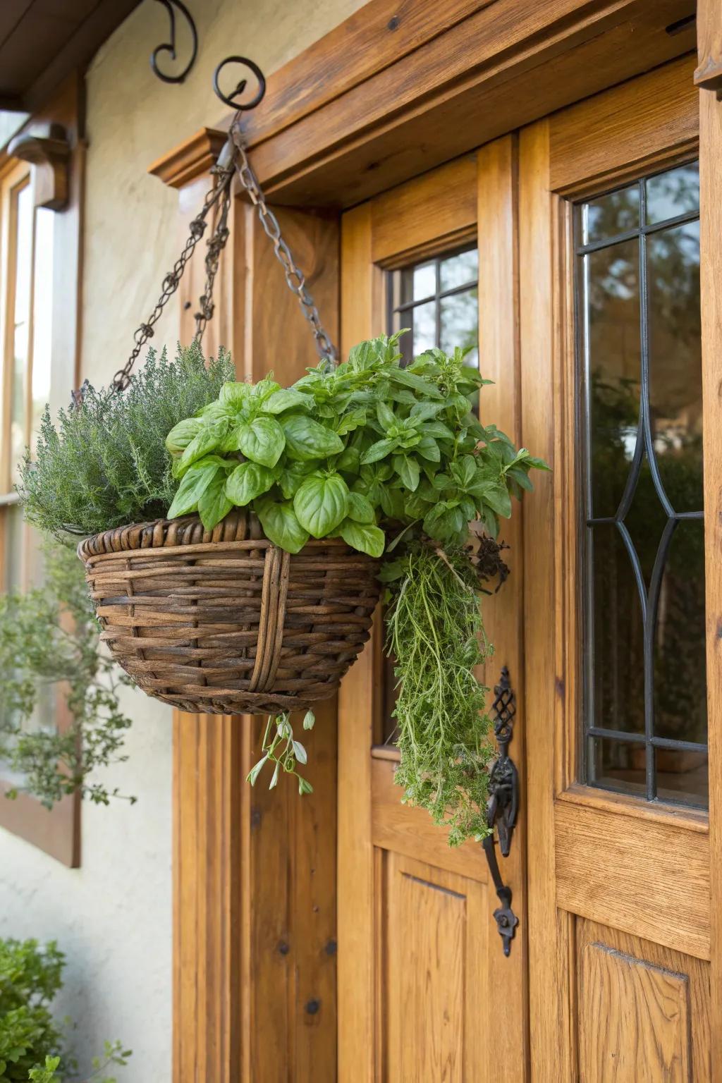 A basket culinary garden provides a fragrant and functional welcome.