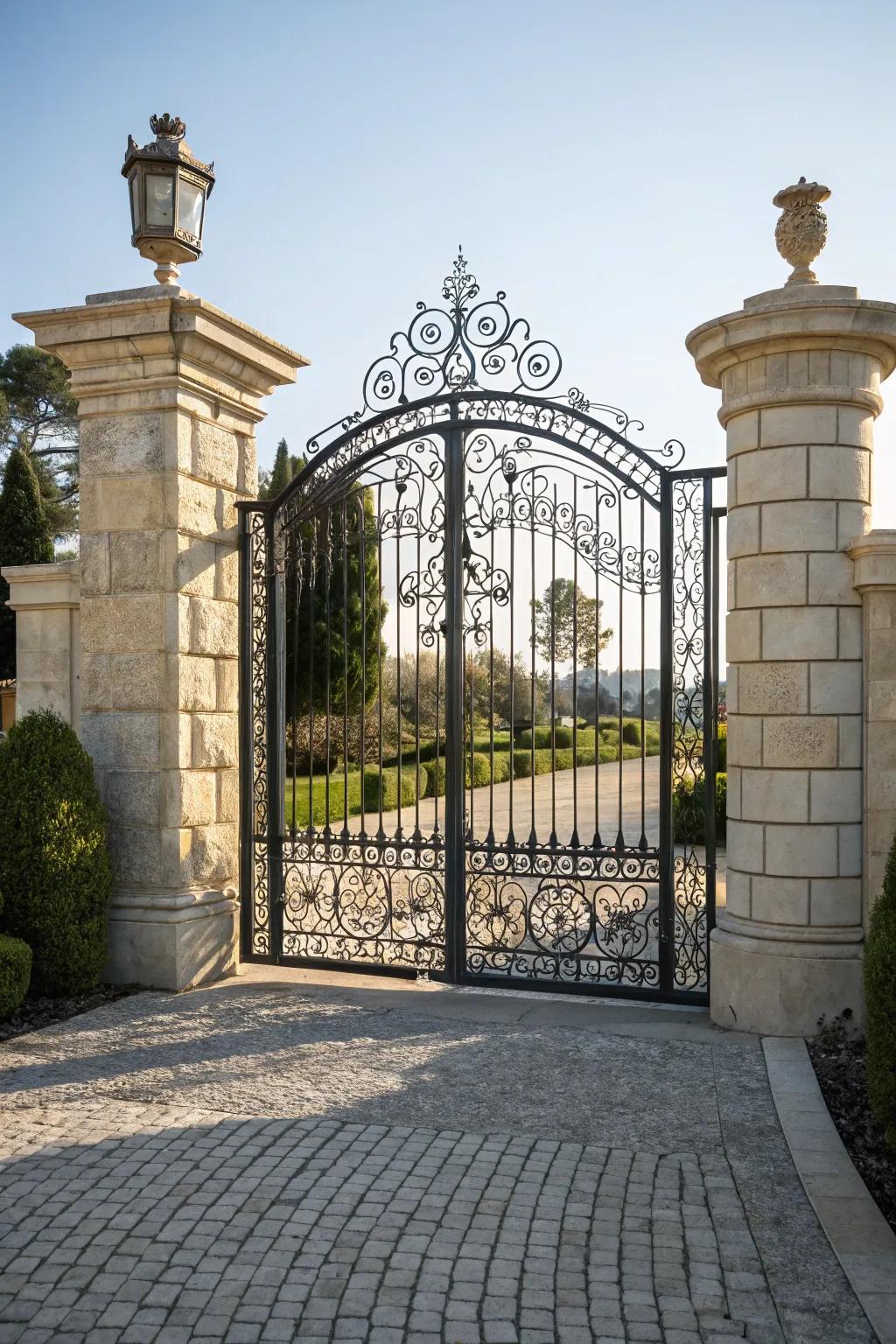 Wrought iron gates contribute classic charm to any entrance.