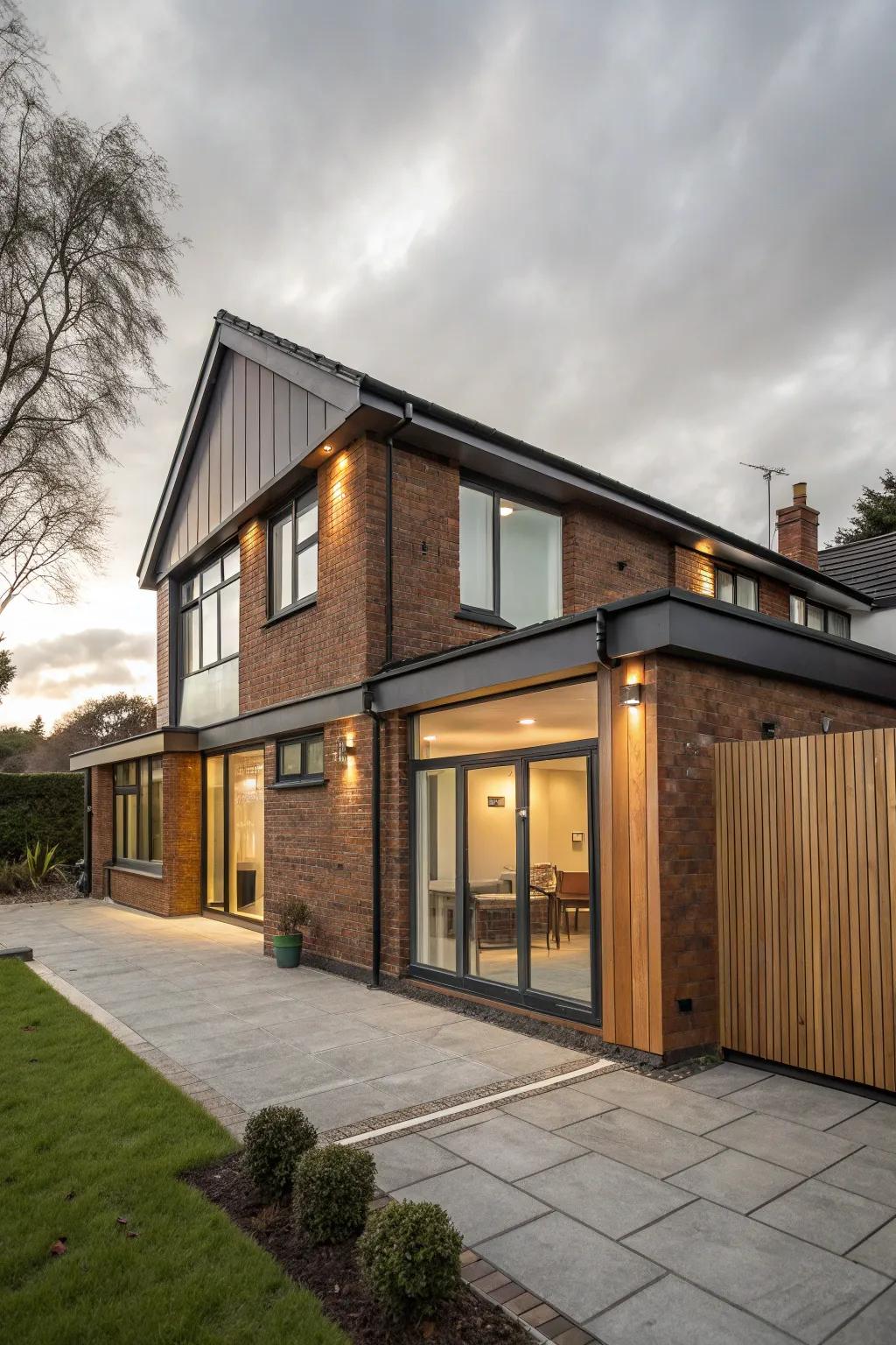 A modern dwelling featuring a front extension that incorporates mixed materials for heightened character.