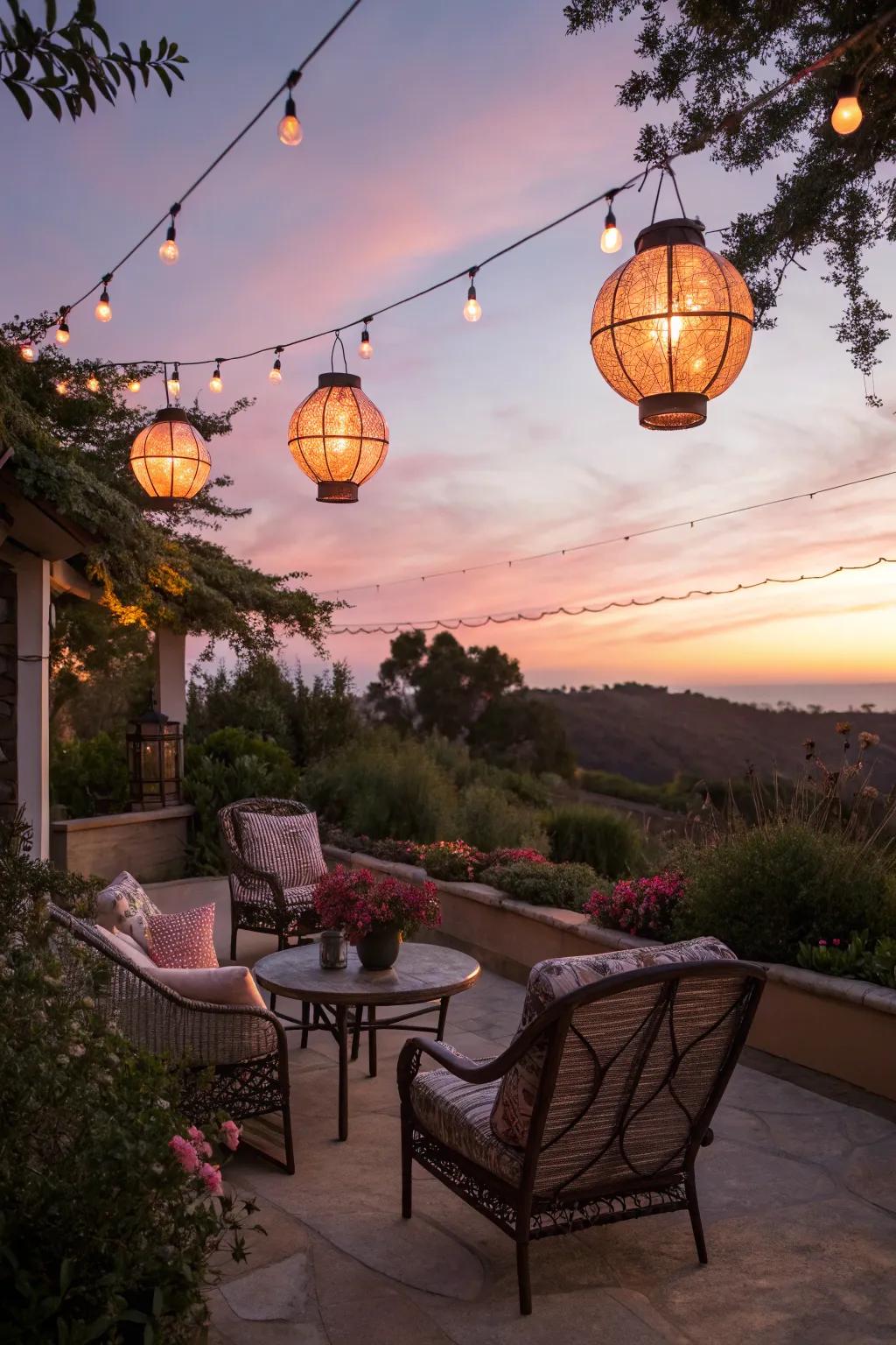 Dangling lanterns illuminate the patio with an inviting glow.