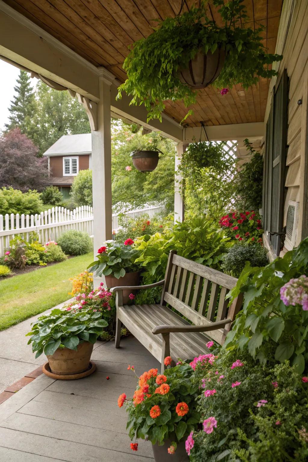 Lush greenery enhances the natural charm of this porch bench.