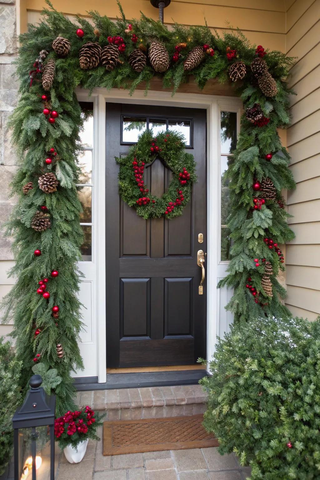 Evergreen foliage swags fashion a luxuriant festive frame for your portal.