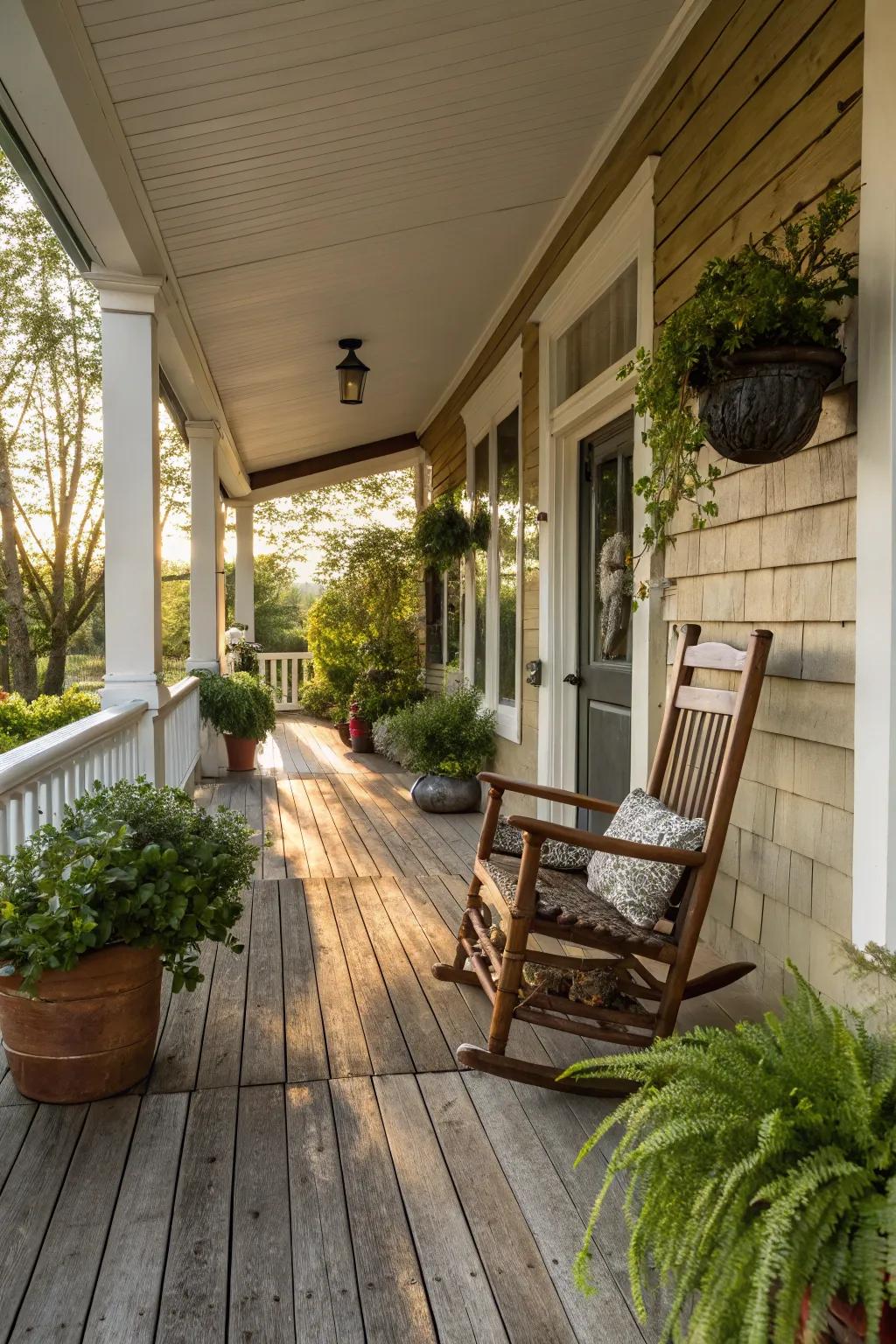 Wooden flooring adds a classic and cozy feel to your porch.