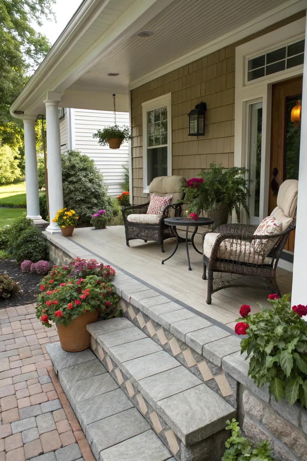 A cozy seating area on your porch encourages relaxation and socializing.