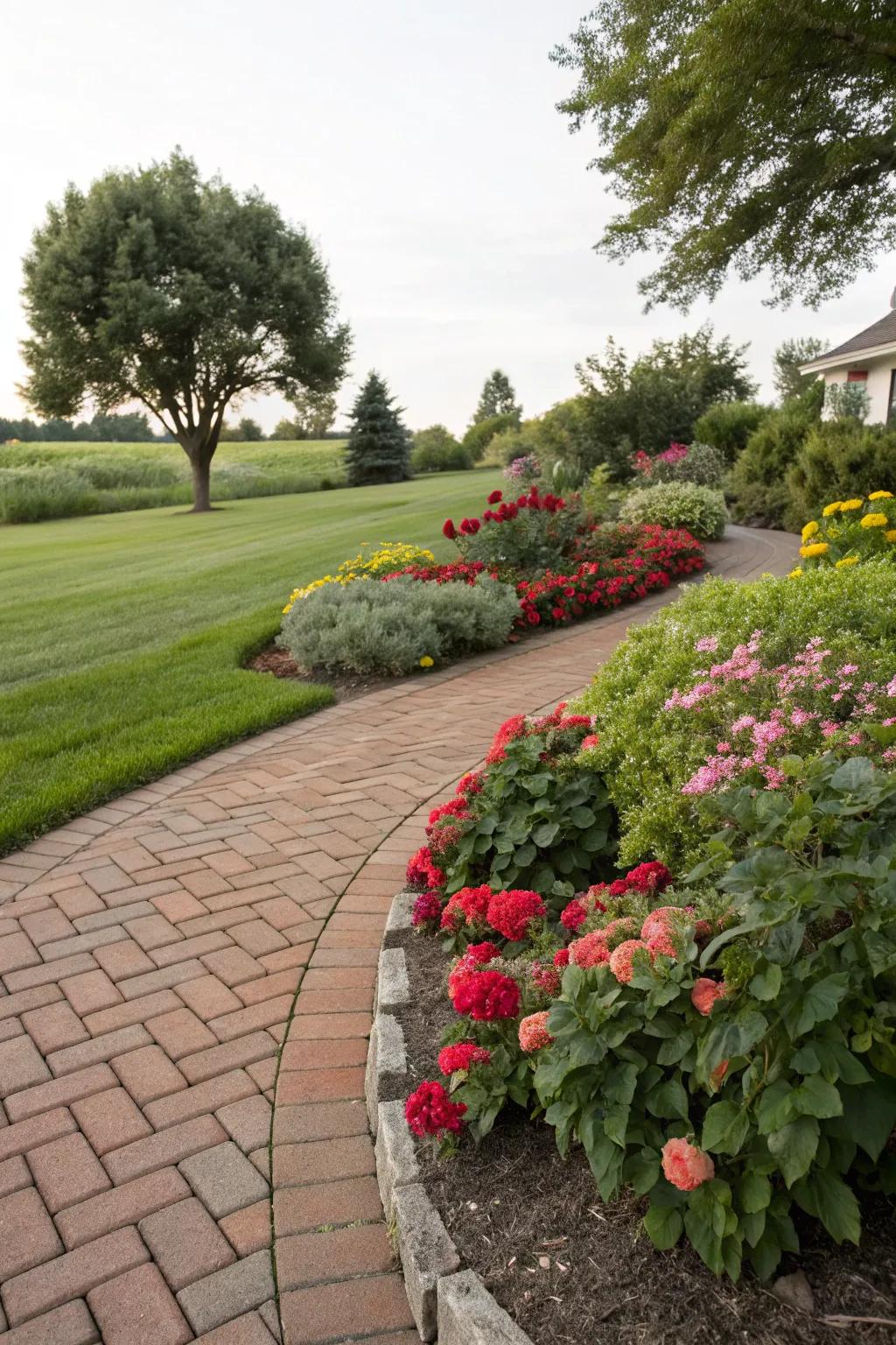 Vibrant plantings breathe vitality into brick pathways.