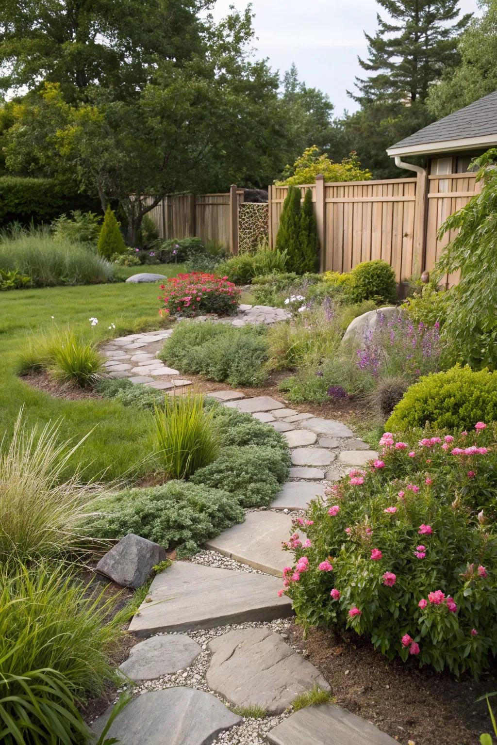 Stone walkways direct the gaze and movement through the landscape.