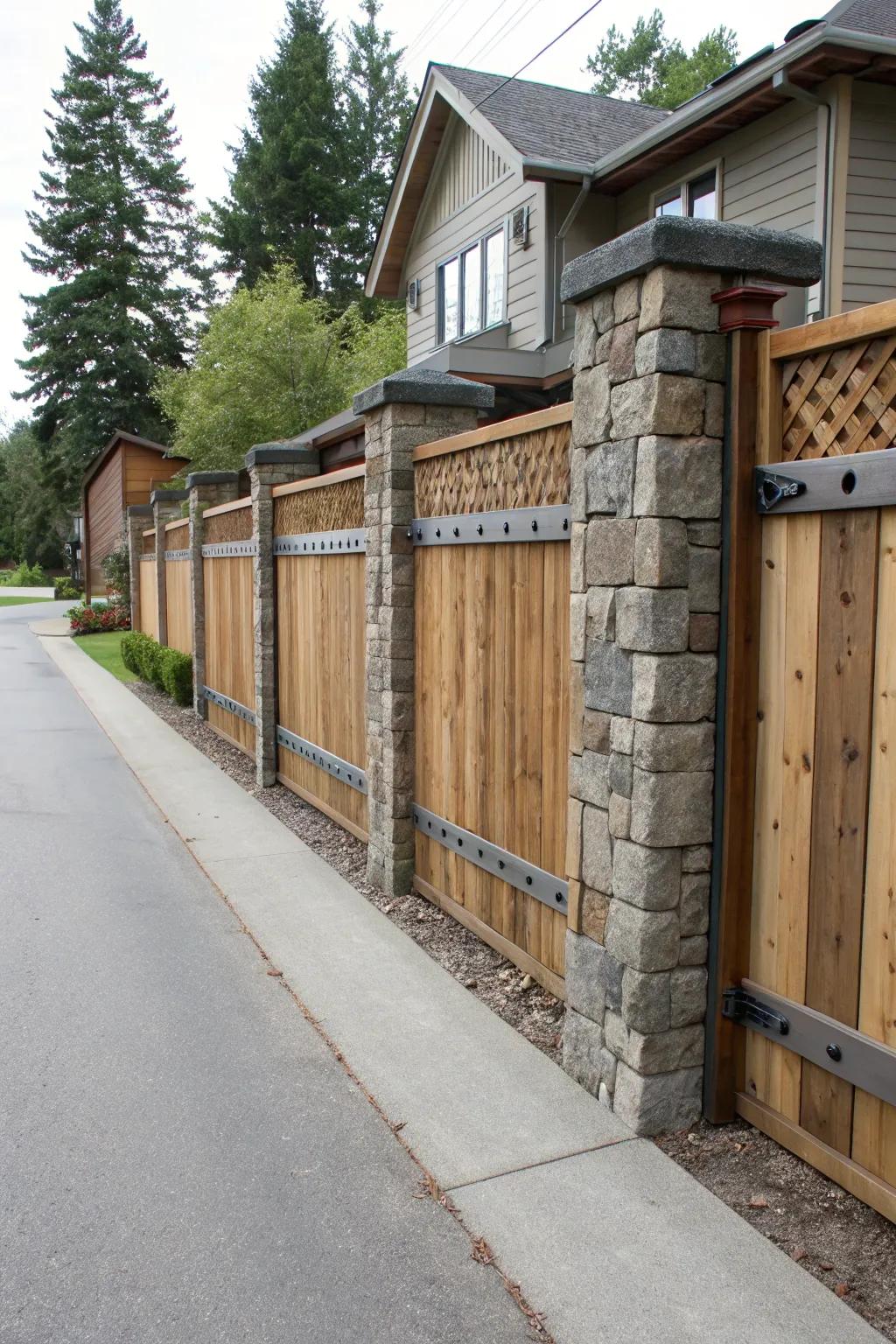 A distinctive fence design combining wood, stone, and metal elements adds sophistication.