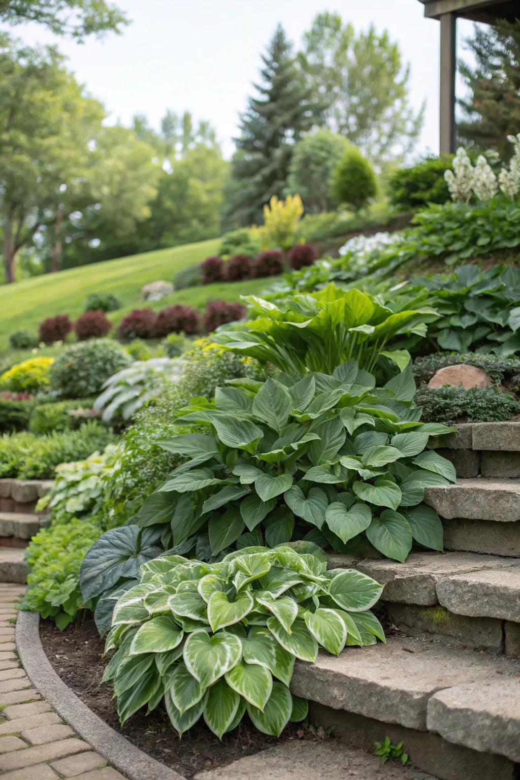 Tiered planting with shadeleaf plants creates depth and interest.