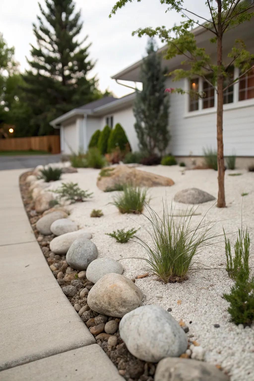 A minimalist rock garden with sparse plantings, emphasizing stones and structure.